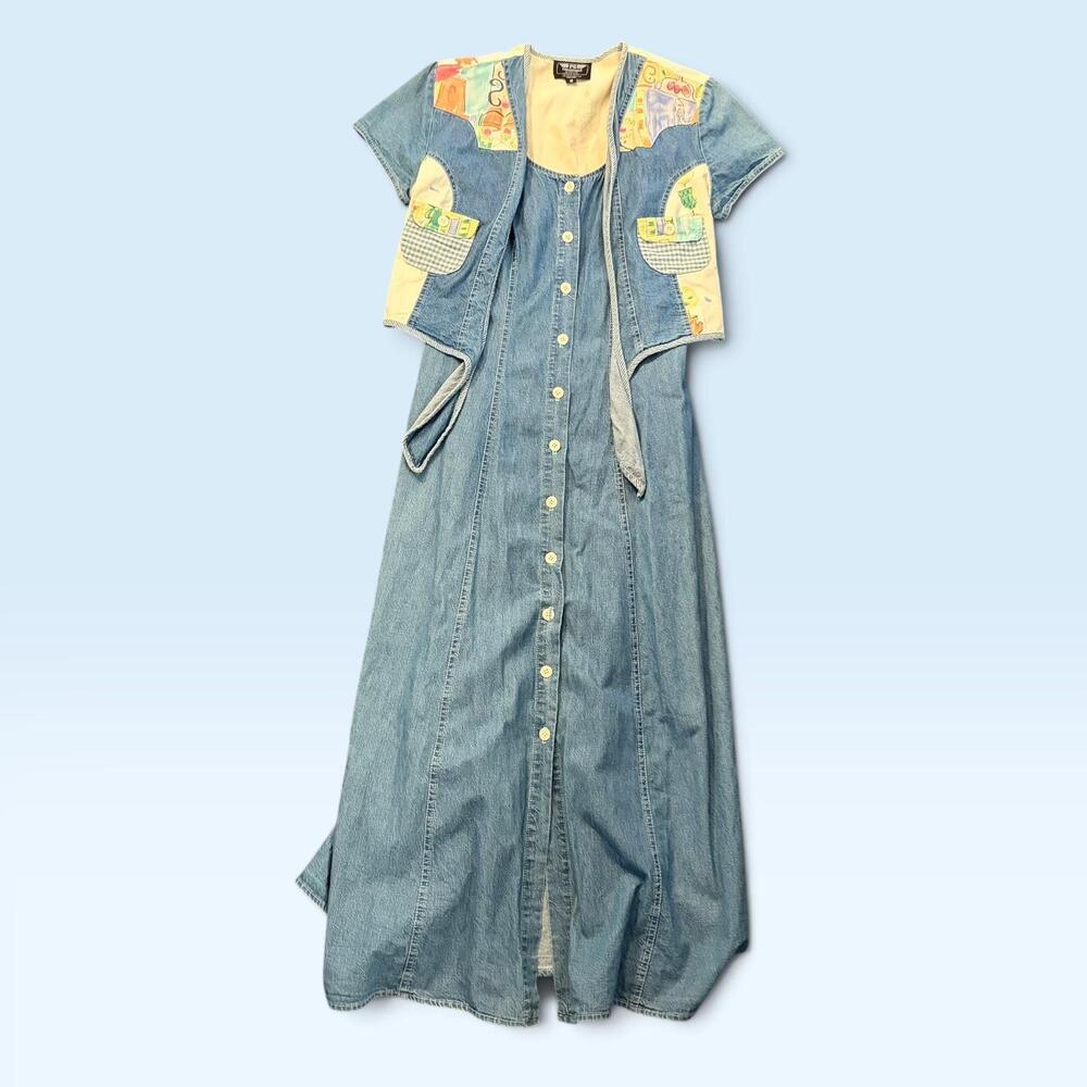 PG Collections Dress Womens 12 Blue Denim Shirt Maxi Patchwork Garden Vintage